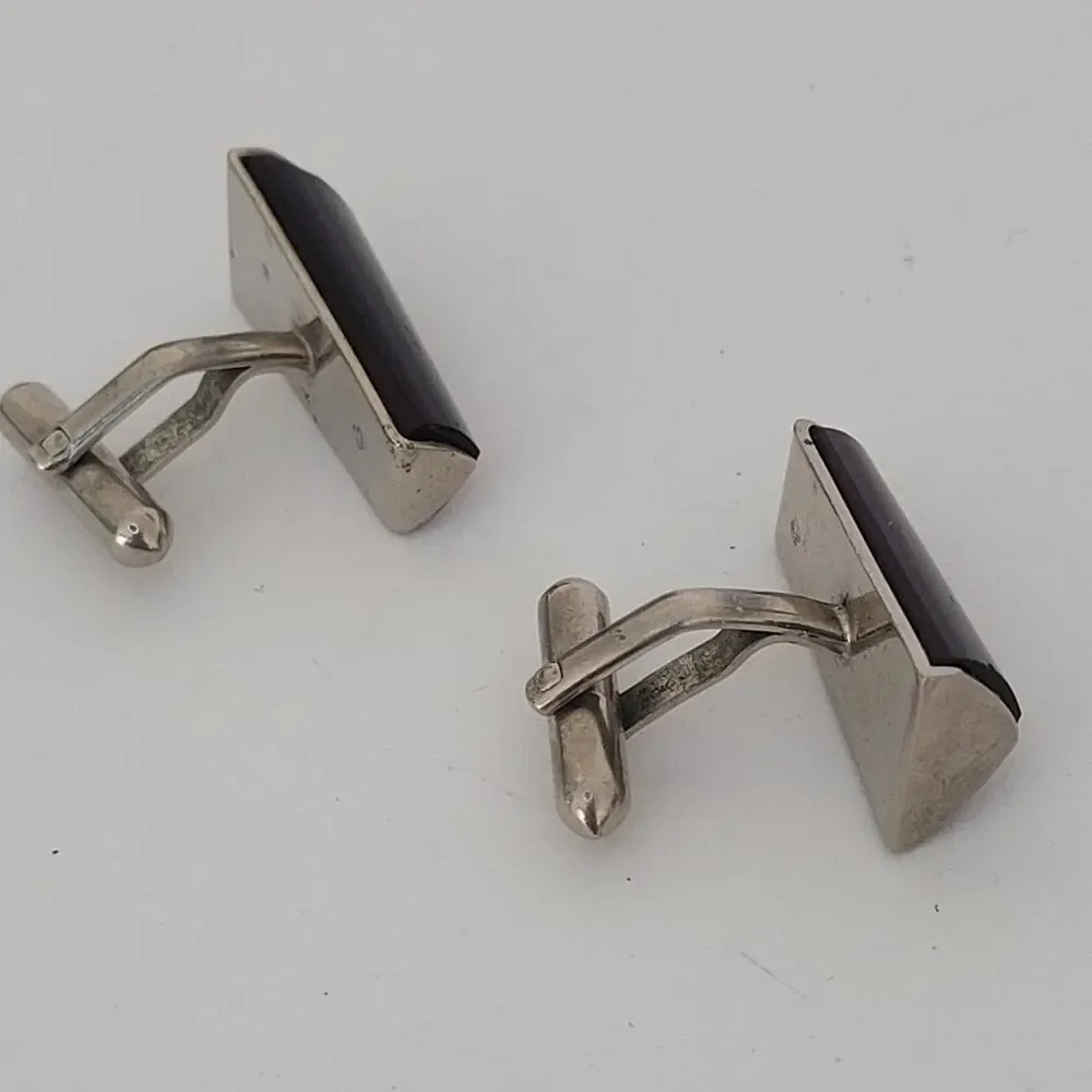 Cufflinks Silver Tone Brown Rectangle Cabochon Cufflinks Vintage‎ Retro